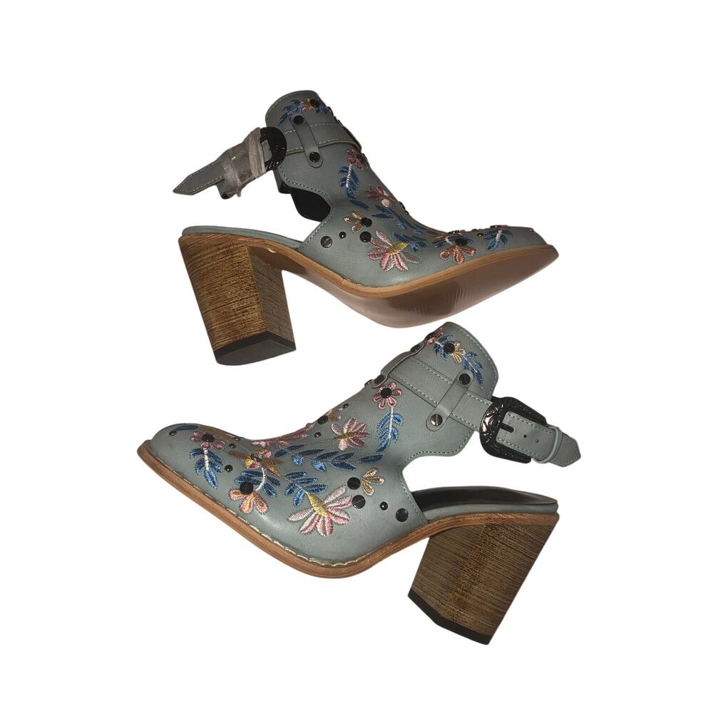 Cowboy Mules Size 7 Blue Embroidered Chunky Block Heel Studded Ankle Strap Vegan